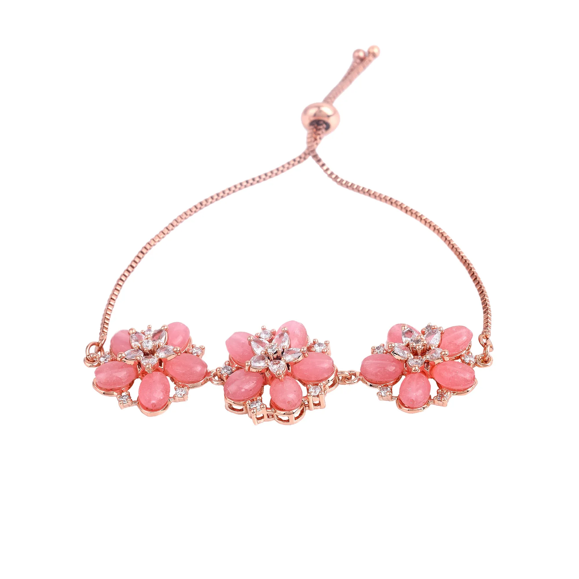 Estele Rosegold Plated Blossom Motifs Enhanced Lightweight Adjustable Varya Bracelet with Mint Pink Beads for Women