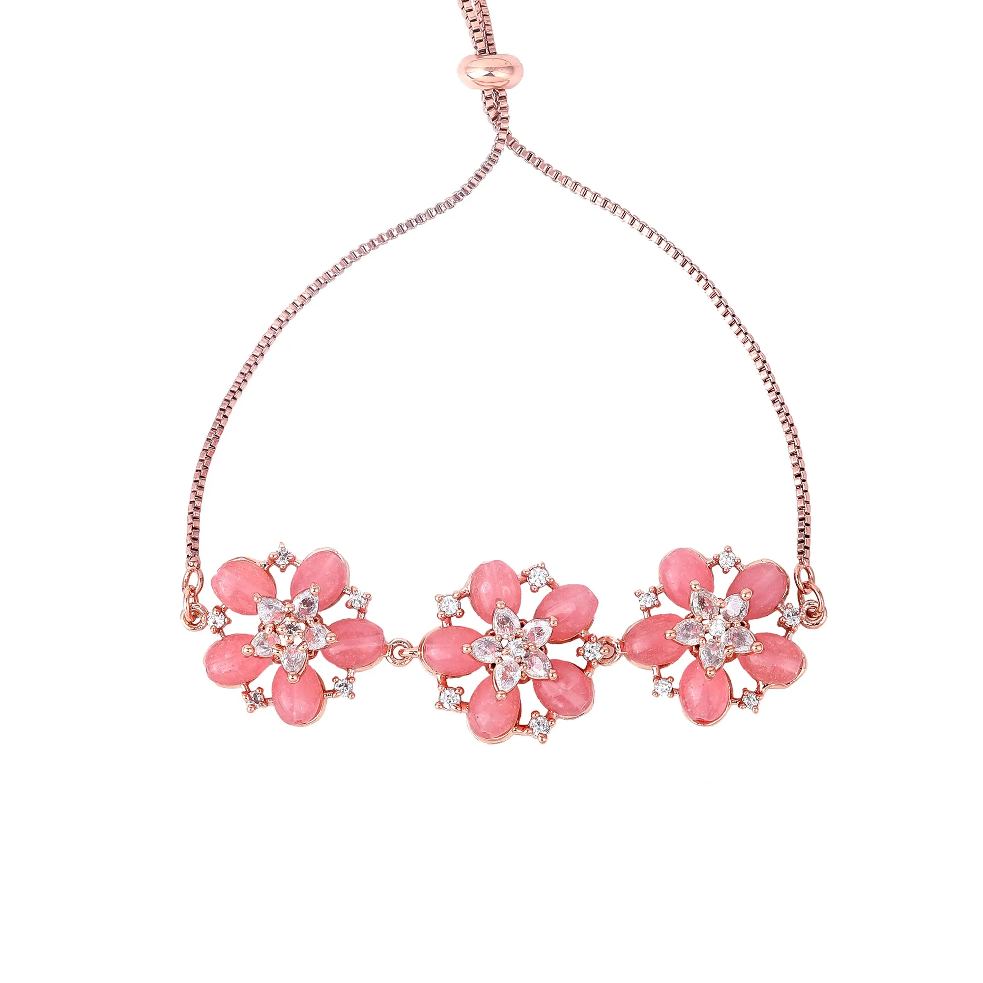 Estele Rosegold Plated Blossom Motifs Enhanced Lightweight Adjustable Varya Bracelet with Mint Pink Beads for Women