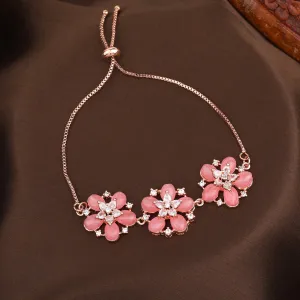 Estele Rosegold Plated Blossom Motifs Enhanced Lightweight Adjustable Varya Bracelet with Mint Pink Beads for Women