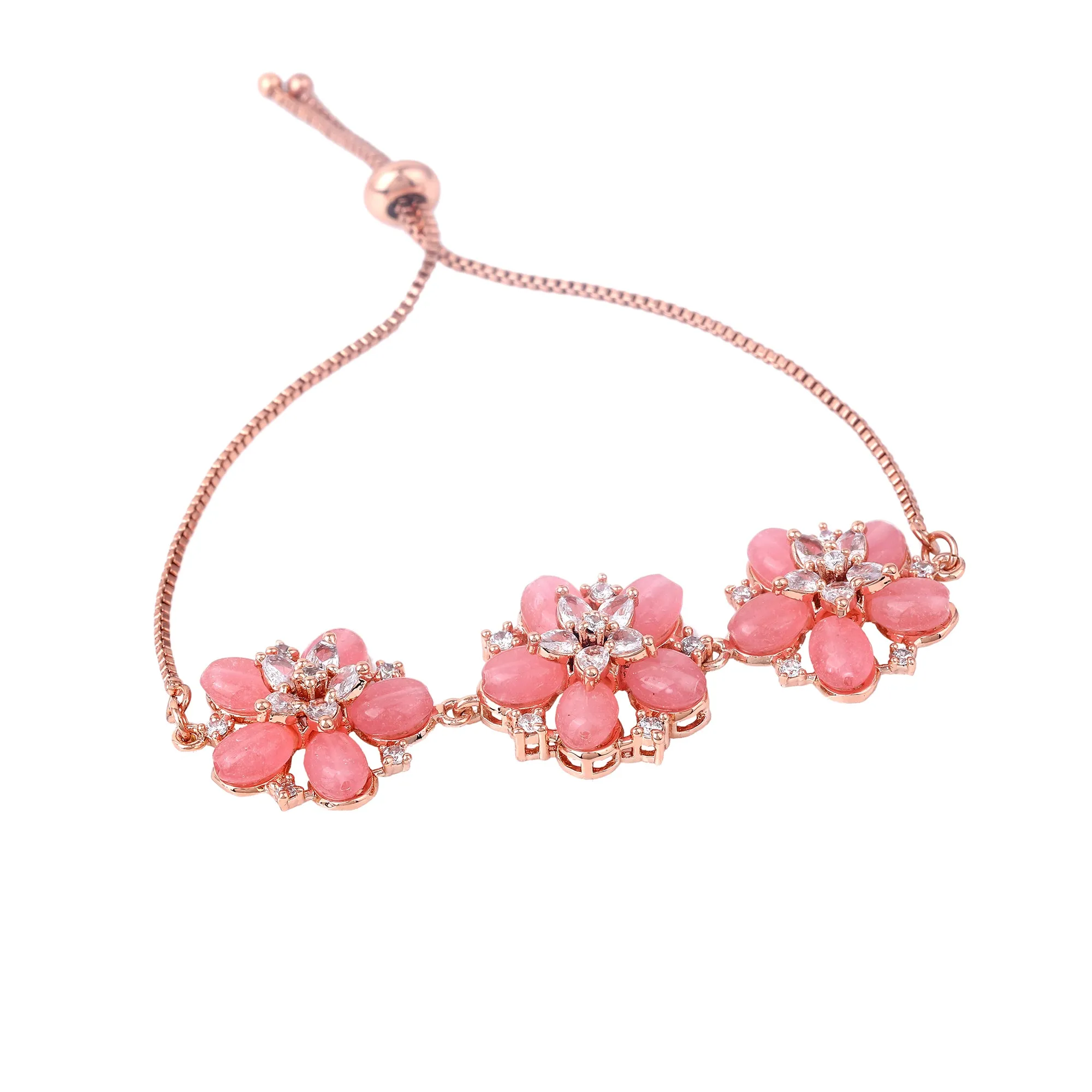 Estele Rosegold Plated Blossom Motifs Enhanced Lightweight Adjustable Varya Bracelet with Mint Pink Beads for Women