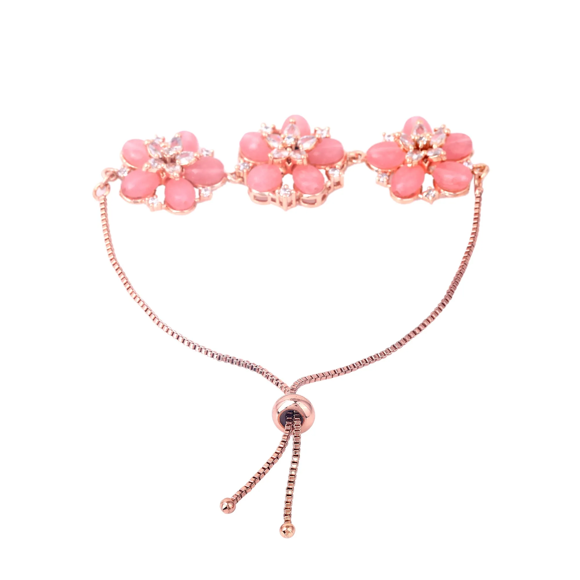 Estele Rosegold Plated Blossom Motifs Enhanced Lightweight Adjustable Varya Bracelet with Mint Pink Beads for Women