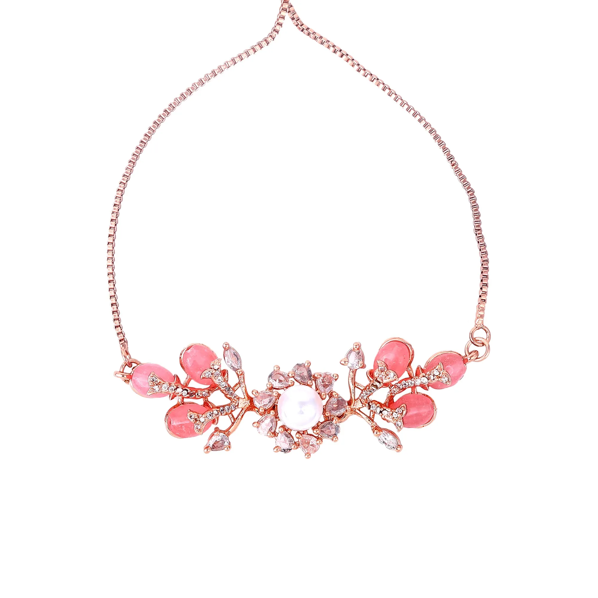 Estele Rosegold Plated Elegant Leafy Bloom Designer Varya Bracelet with Mint Pink Beads for Women|A Stylish Blend of Floral Grace