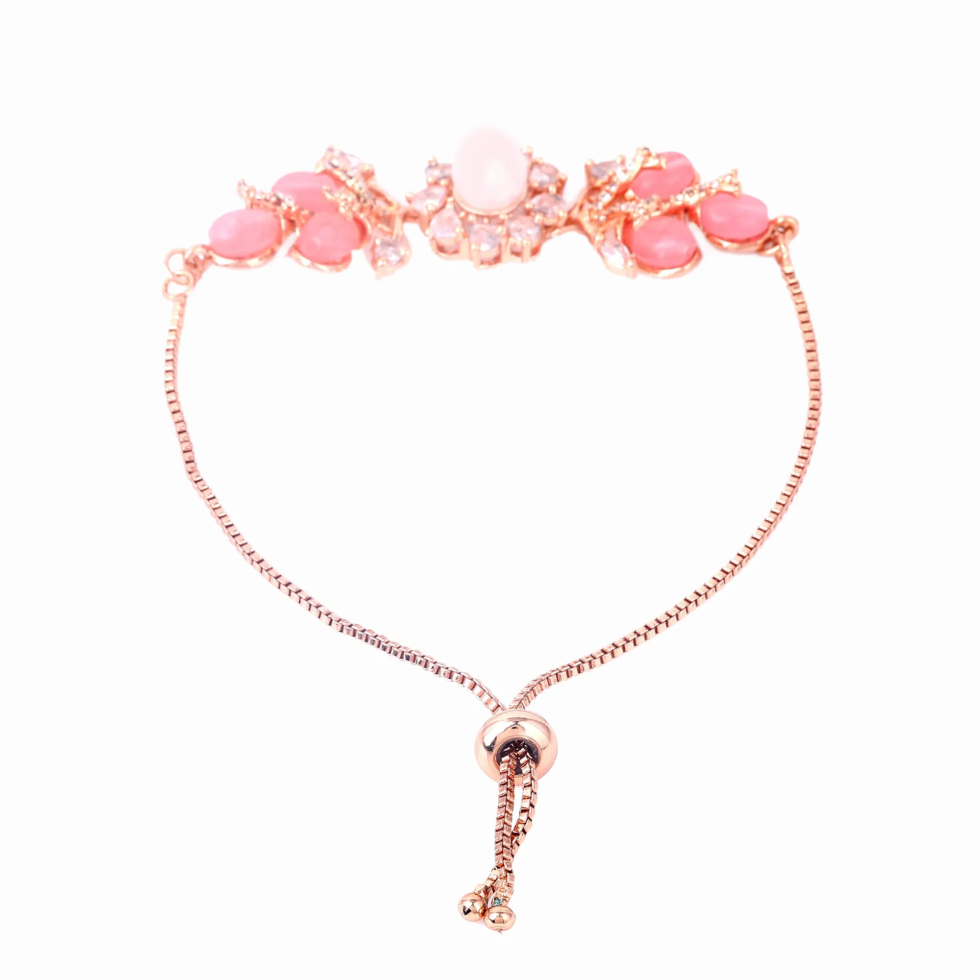 Estele Rosegold Plated Elegant Leafy Bloom Designer Varya Bracelet with Mint Pink Beads for Women|A Stylish Blend of Floral Grace