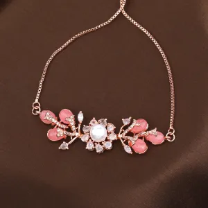 Estele Rosegold Plated Elegant Leafy Bloom Designer Varya Bracelet with Mint Pink Beads for Women|A Stylish Blend of Floral Grace