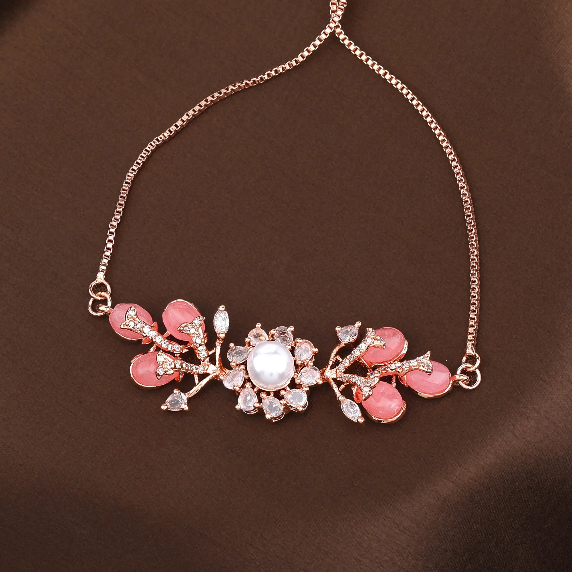 Estele Rosegold Plated Elegant Leafy Bloom Designer Varya Bracelet with Mint Pink Beads for Women|A Stylish Blend of Floral Grace