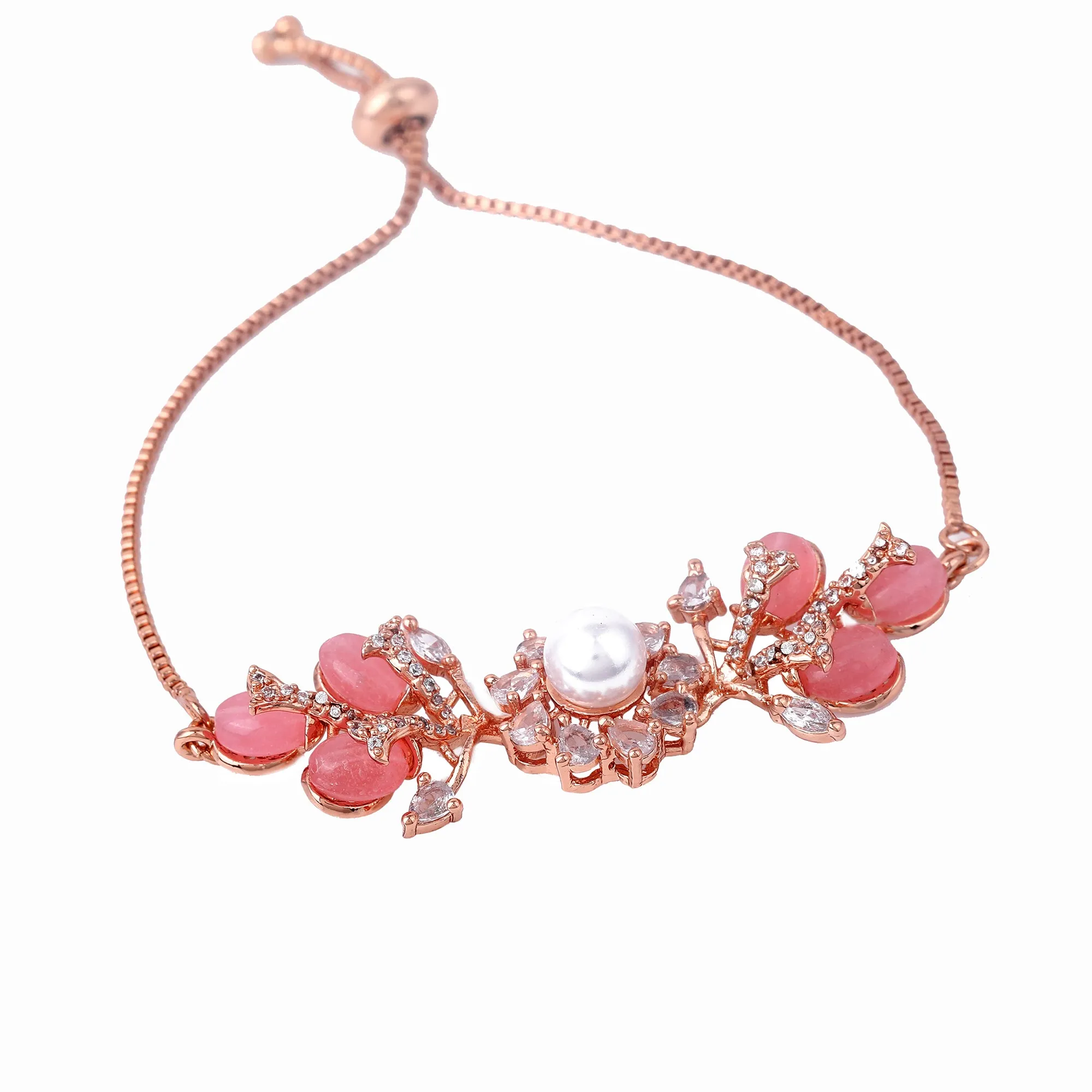 Estele Rosegold Plated Elegant Leafy Bloom Designer Varya Bracelet with Mint Pink Beads for Women|A Stylish Blend of Floral Grace
