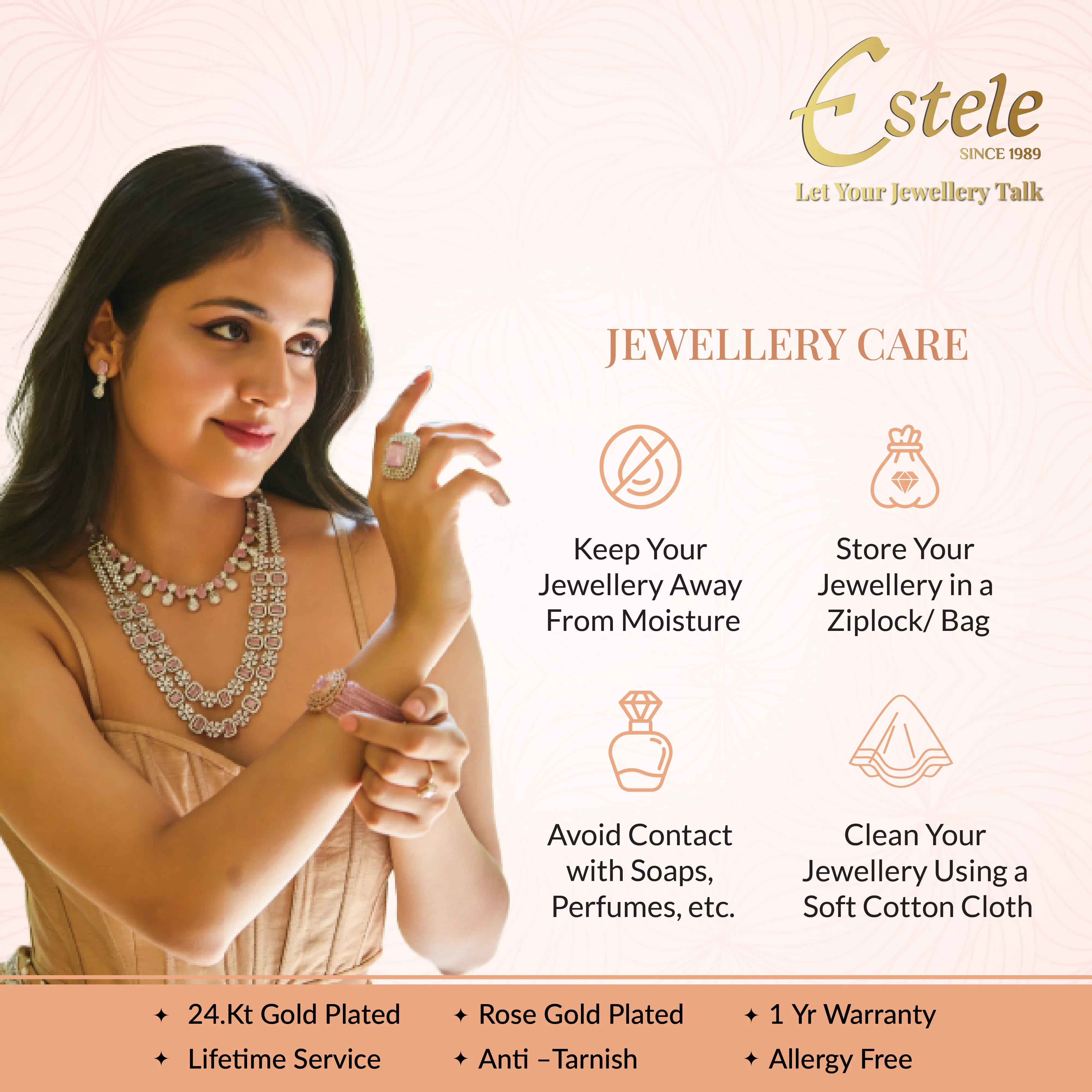 Estele Rosegold Plated Elegant Leafy Bloom Designer Varya Bracelet with Mint Pink Beads for Women|A Stylish Blend of Floral Grace