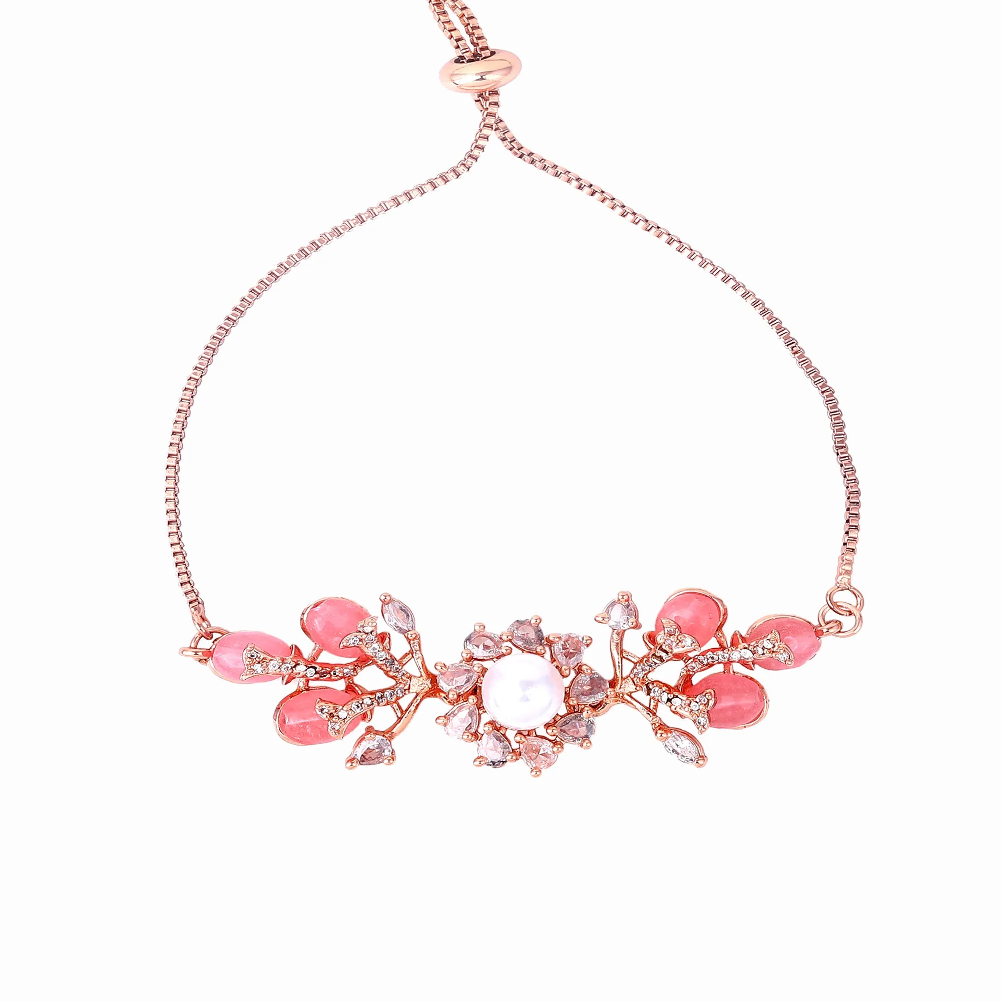 Estele Rosegold Plated Elegant Leafy Bloom Designer Varya Bracelet with Mint Pink Beads for Women|A Stylish Blend of Floral Grace
