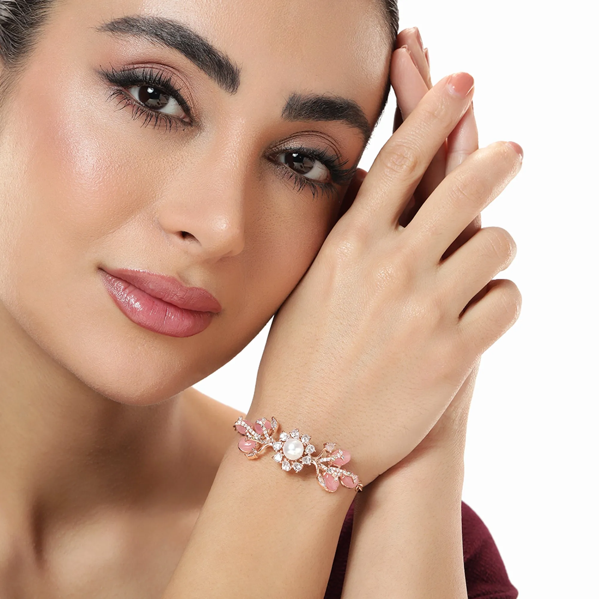 Estele Rosegold Plated Elegant Leafy Bloom Designer Varya Bracelet with Mint Pink Beads for Women|A Stylish Blend of Floral Grace
