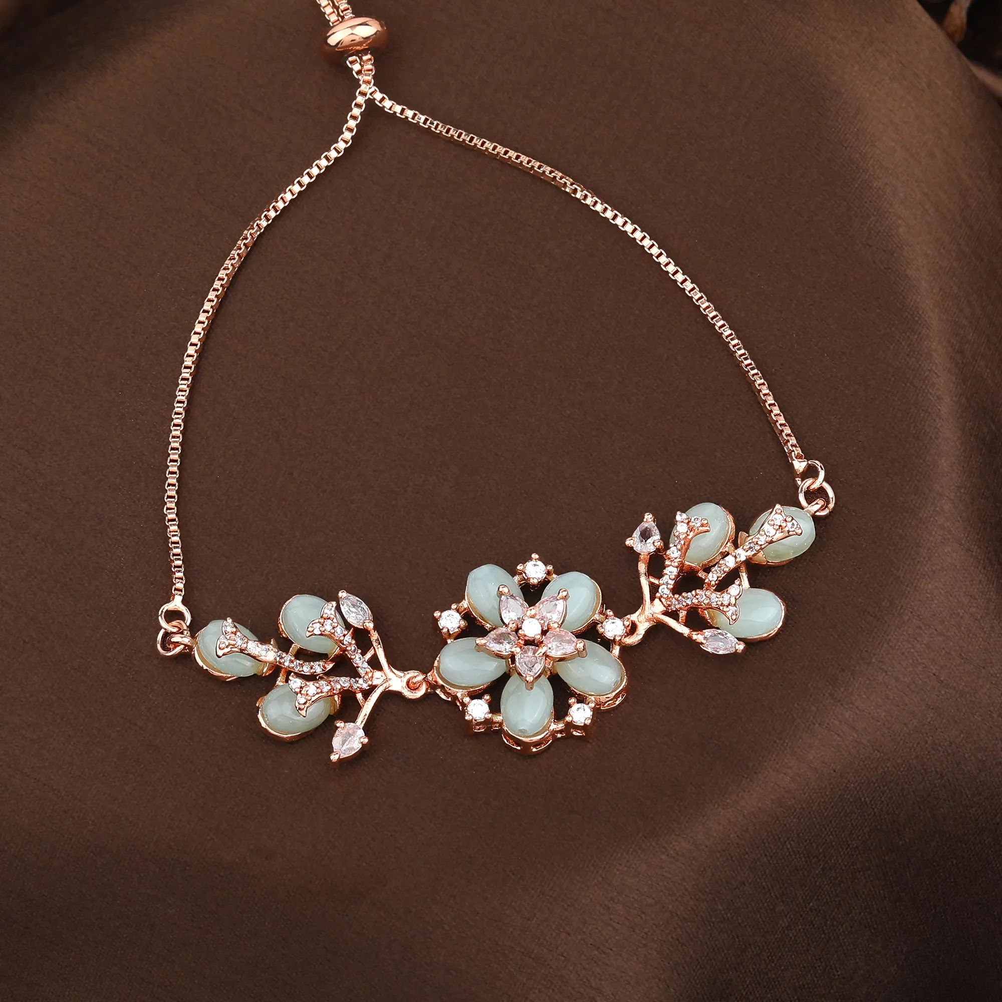 Estele Rosegold Plated Floral Designer Mint Green Beaded Flexible Varya Bracelet|A Classy Wrist Accessory for Modern Ladies