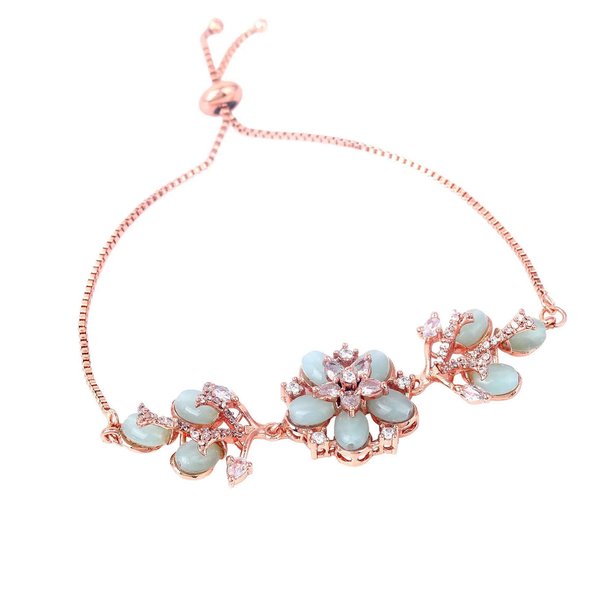 Estele Rosegold Plated Floral Designer Mint Green Beaded Flexible Varya Bracelet|A Classy Wrist Accessory for Modern Ladies