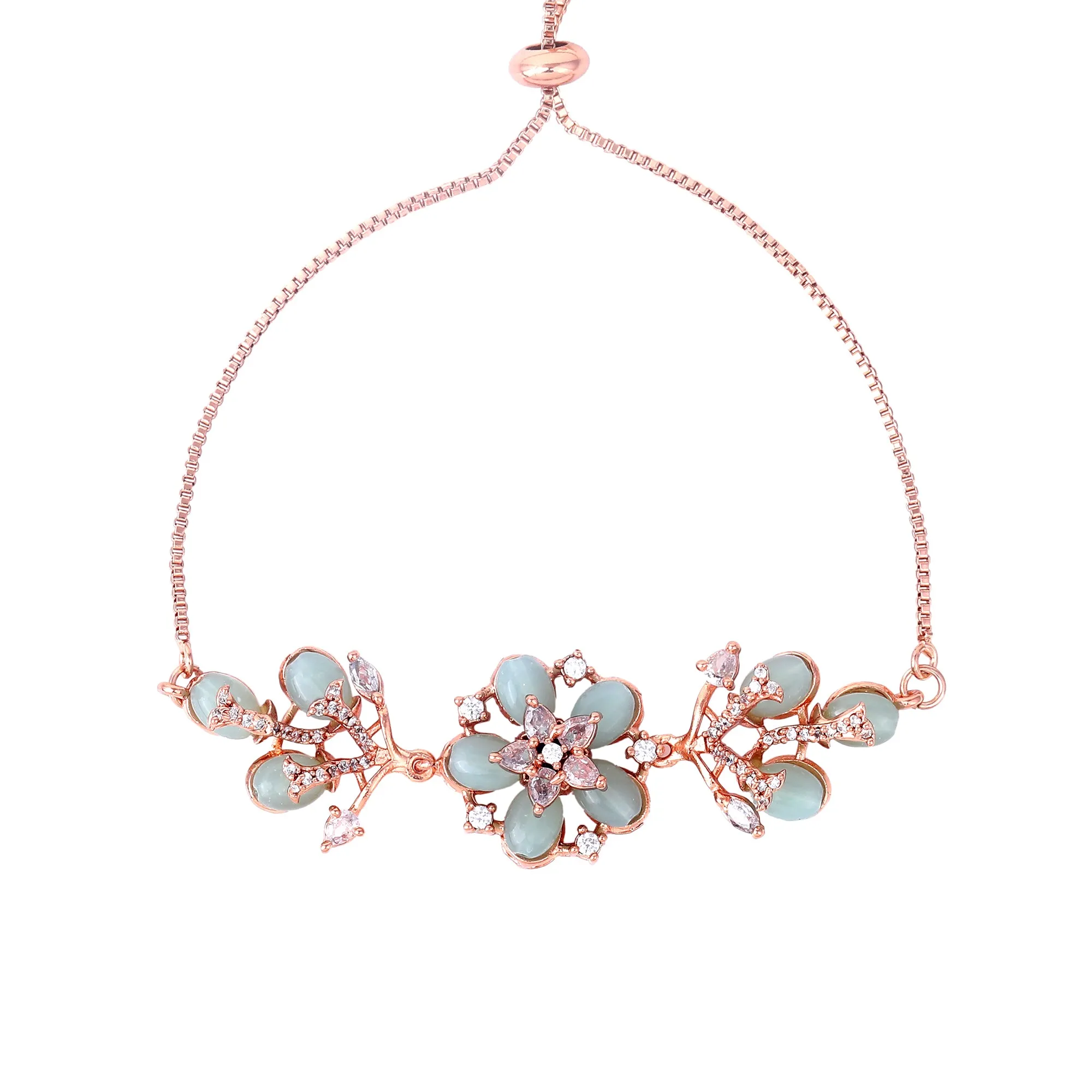 Estele Rosegold Plated Floral Designer Mint Green Beaded Flexible Varya Bracelet|A Classy Wrist Accessory for Modern Ladies