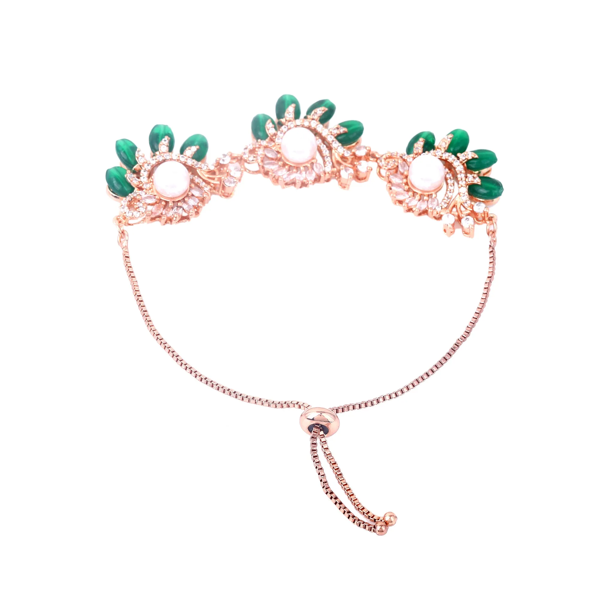 Estele Rosegold Plated Floral-Inspired Green Beaded Adjustable Varya Bracelet|A Graceful Accessory for Modern Women