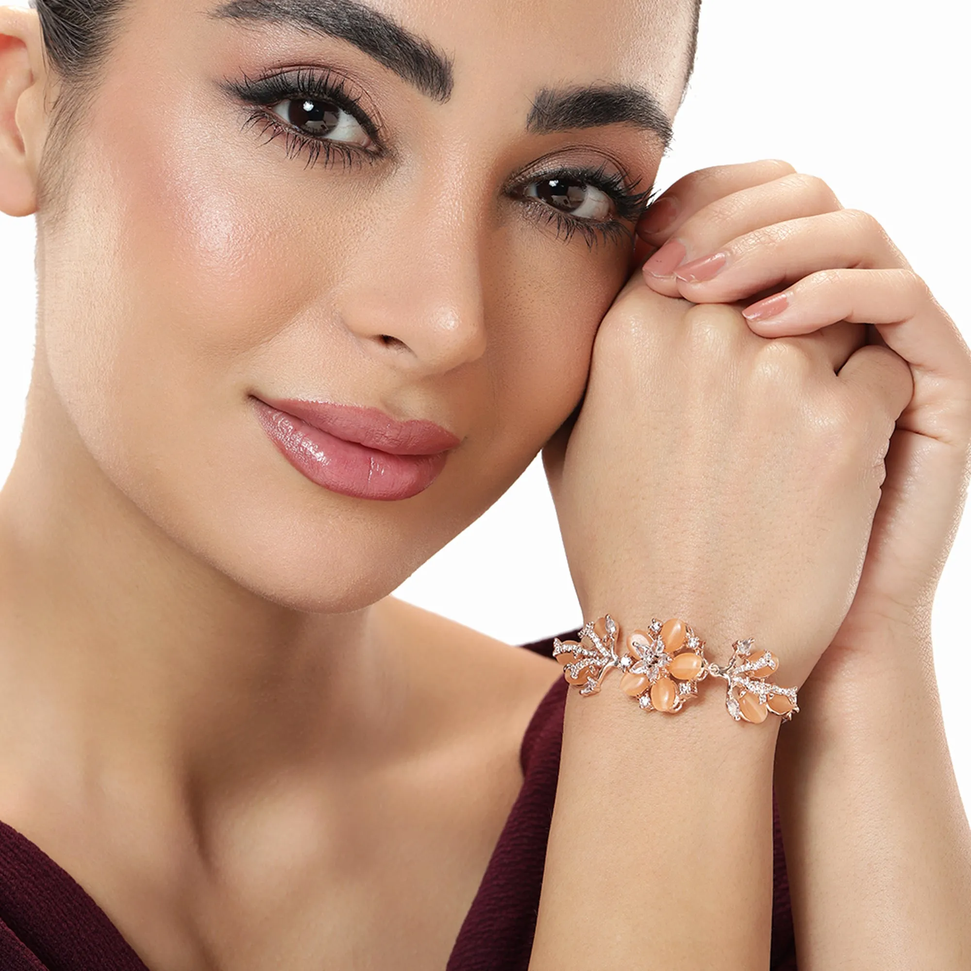 Estele Rosegold Plated Mint Orange Beads Accented Adjustable Floral Varya Bracelet|A Stylish Ornament for Trendy Women