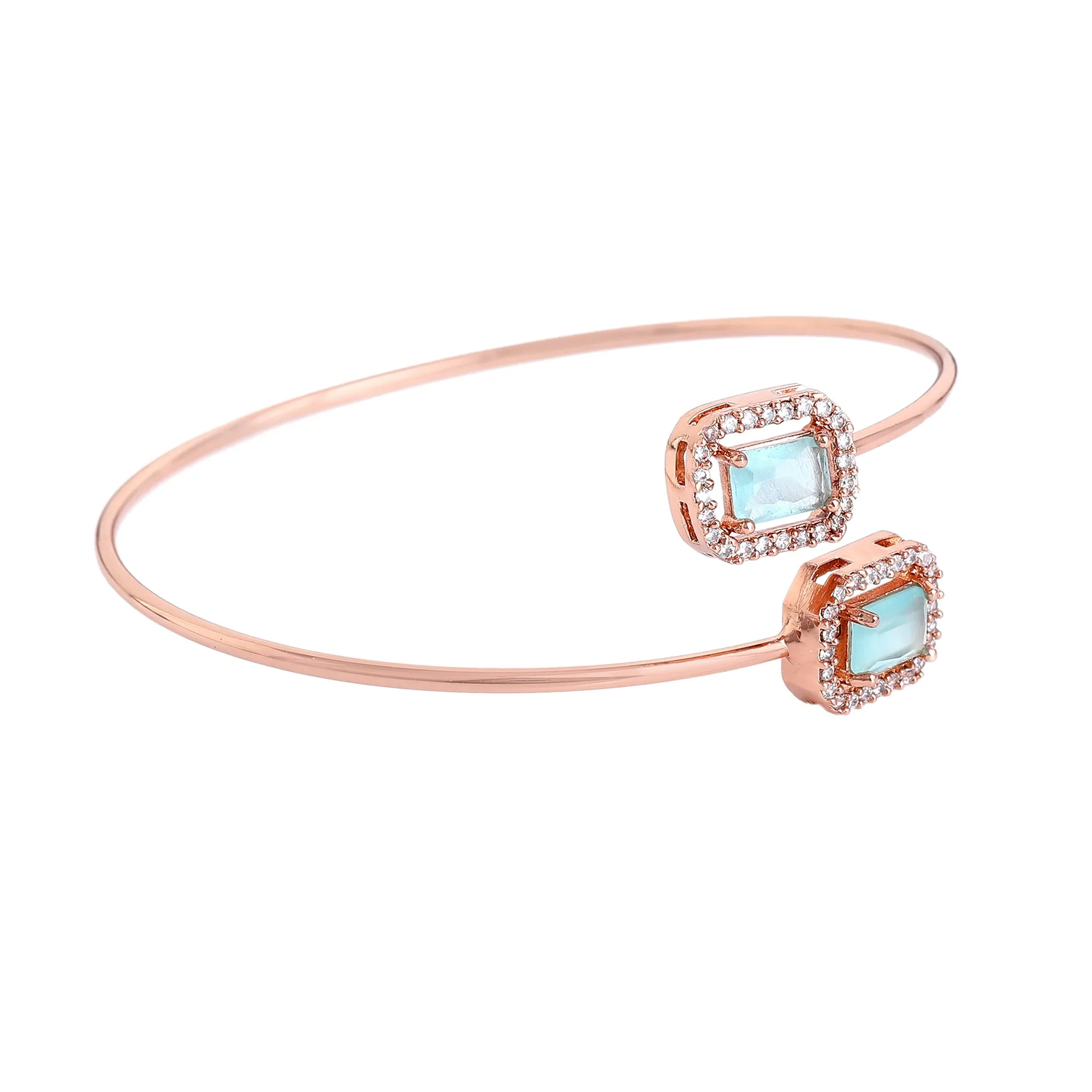 Estele Rosegold Plated Stunning Mint Green American Diamonds Enhanced Square Design Lightweight Cuff Kada Bracelet for Women