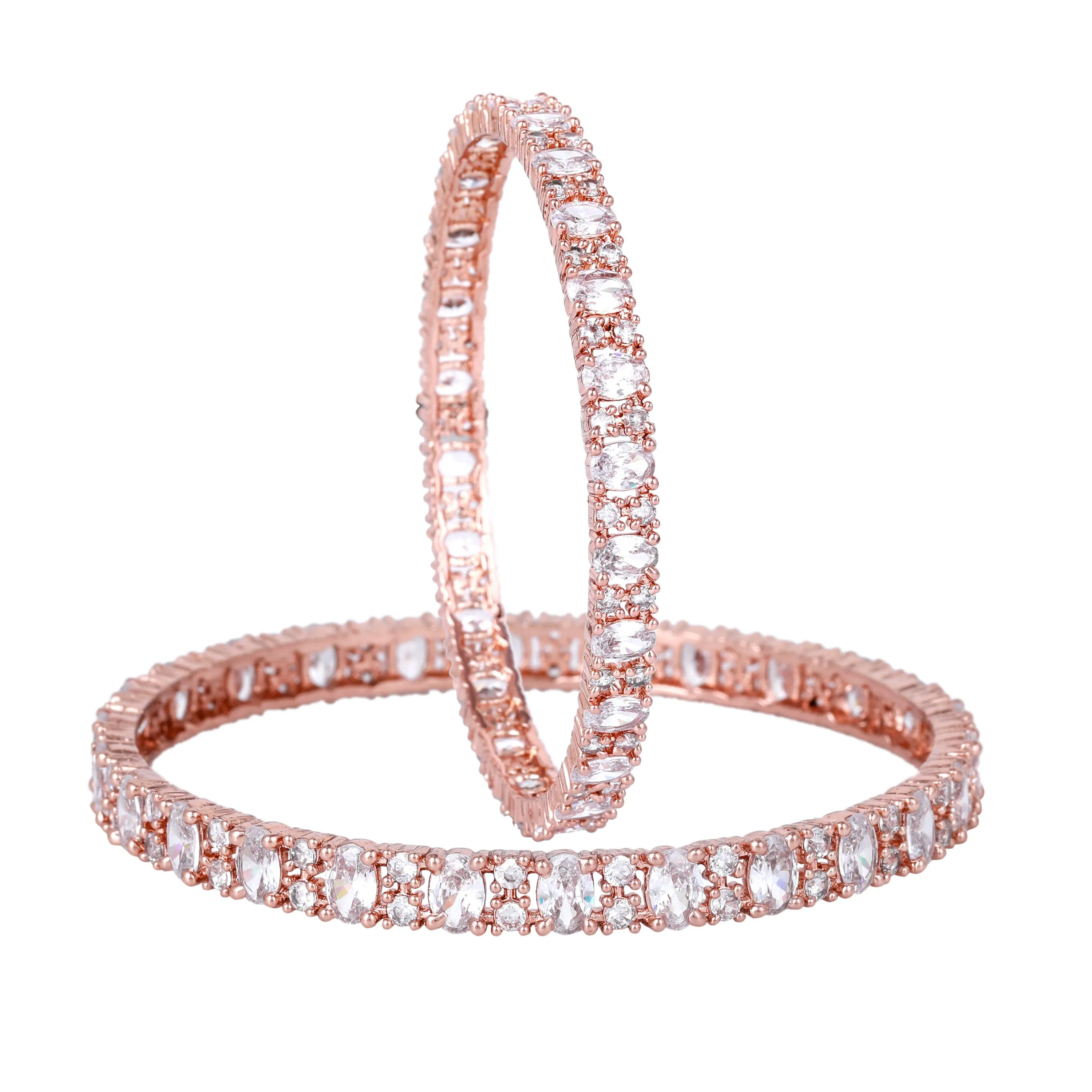 Estele Rosegold Plated Stunning White American Diamond Bangles Set | Sizes 2:4, 2:6 & 2:8 | A Blend of Style and Sophistication for Women