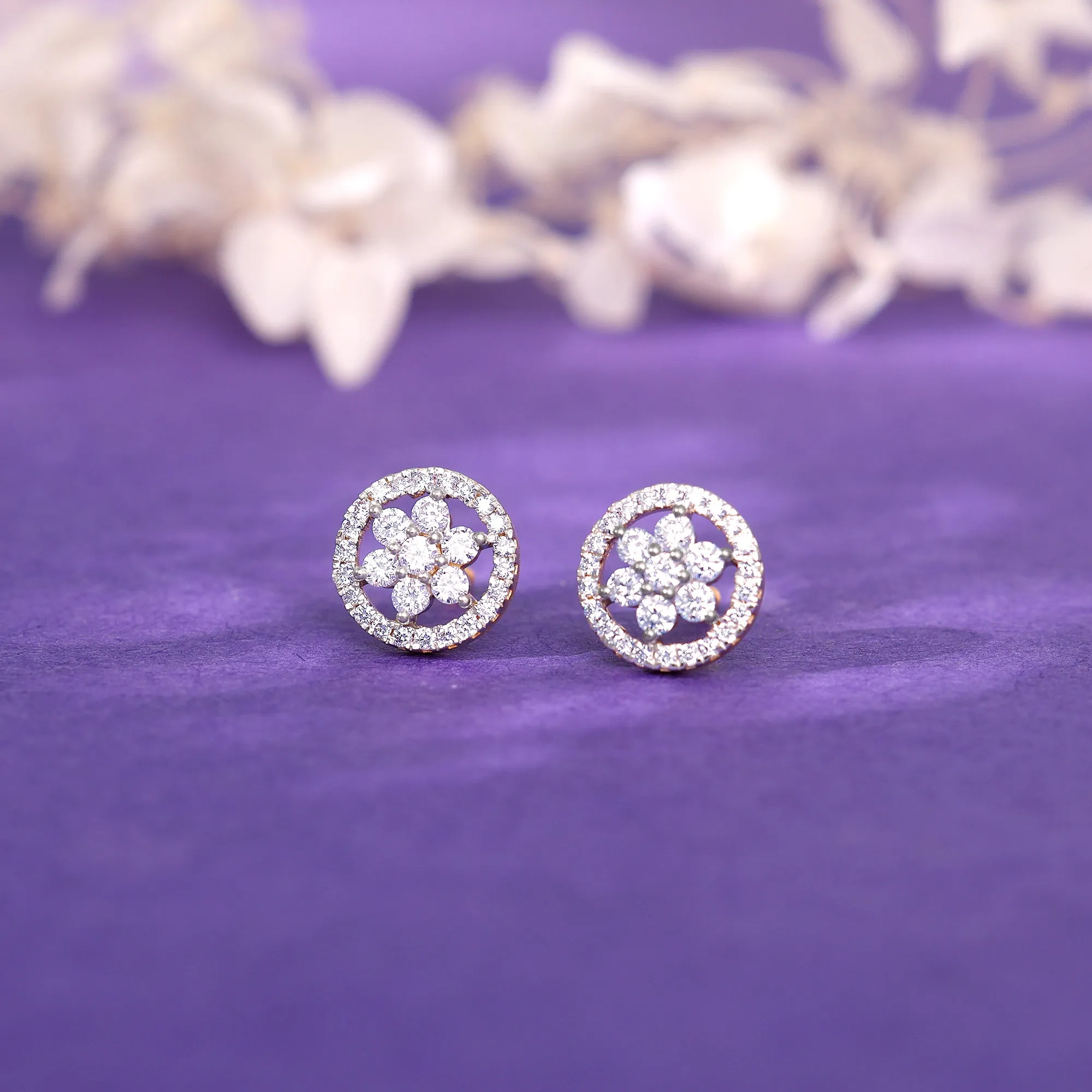Gold Floret Solitaire Diamond Earrings