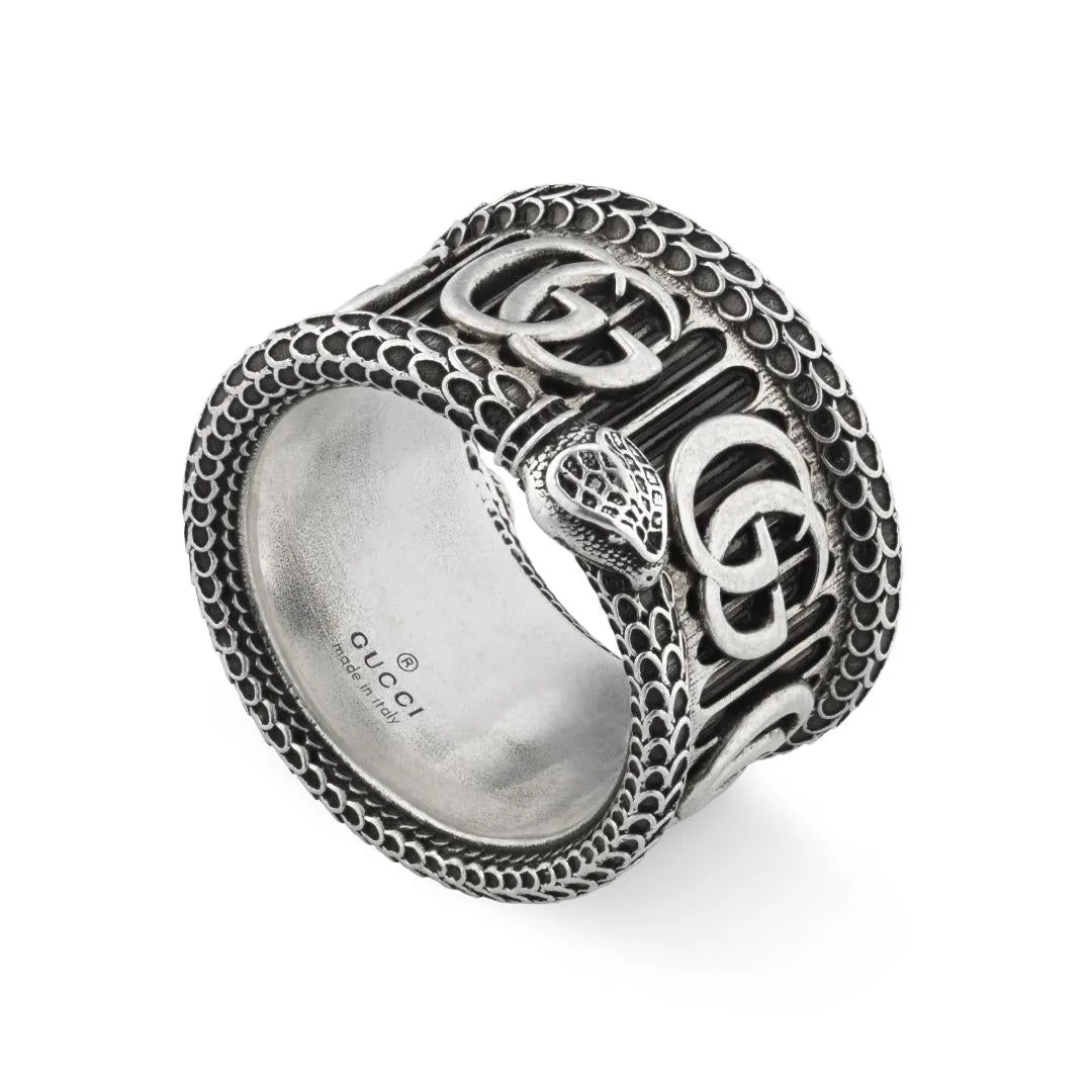 Gucci GG Marmont Aged Sterling Silver Double G Snake Motif Ring D