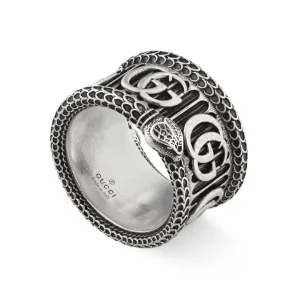 Gucci GG Marmont Aged Sterling Silver Double G Snake Motif Ring D