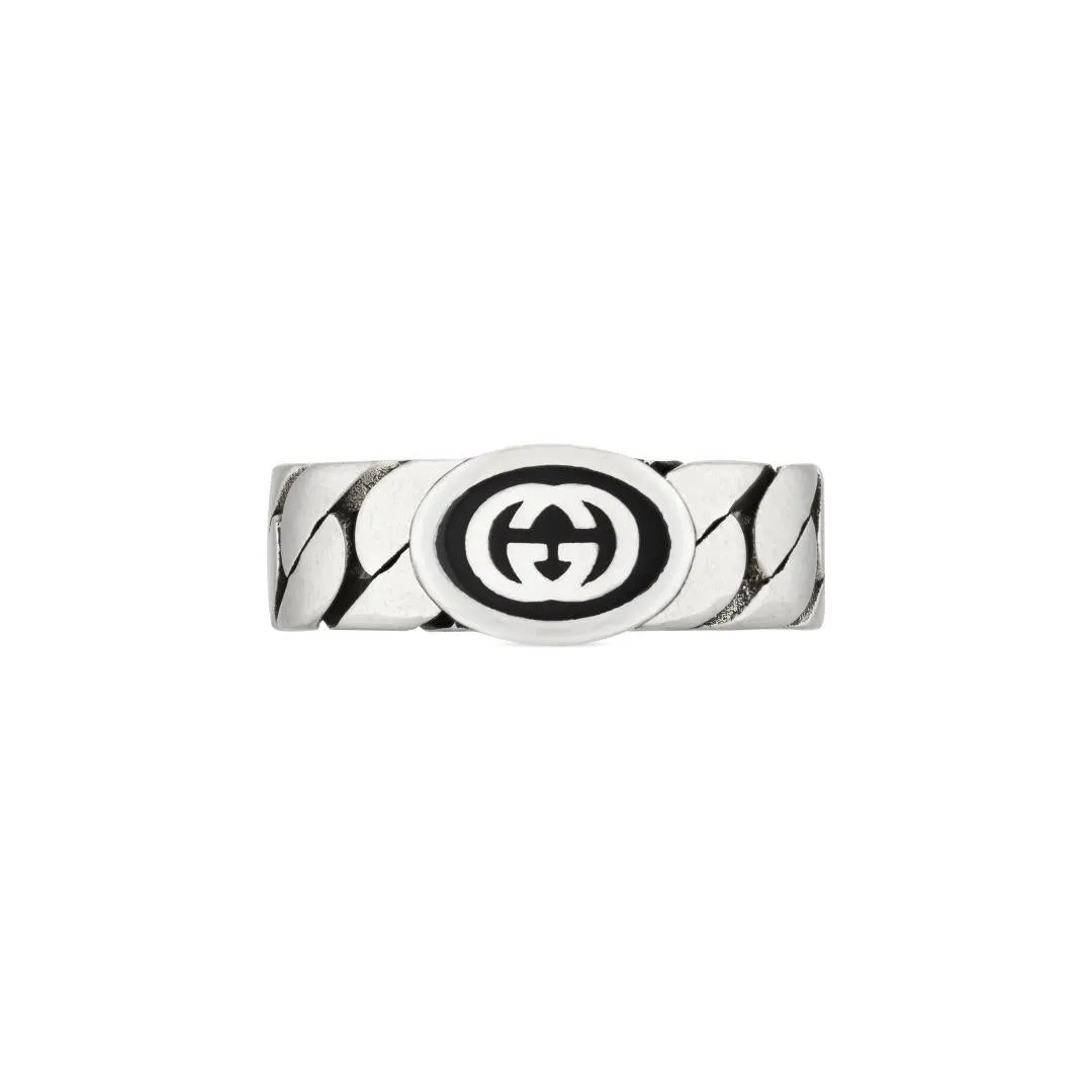 Gucci Interlocking Sterling Silver Black Enamel Wide Band Ring D