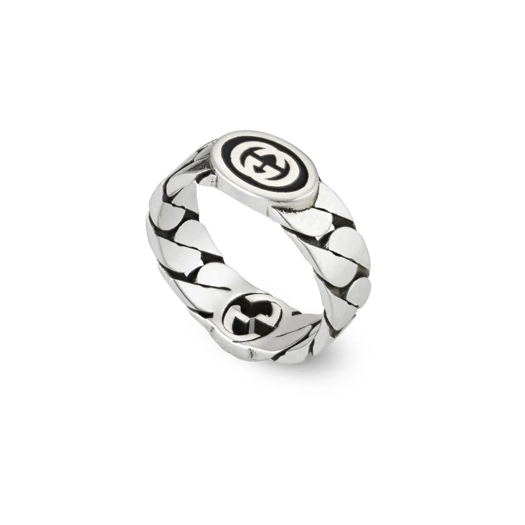 Gucci Interlocking Sterling Silver Black Enamel Wide Band Ring D
