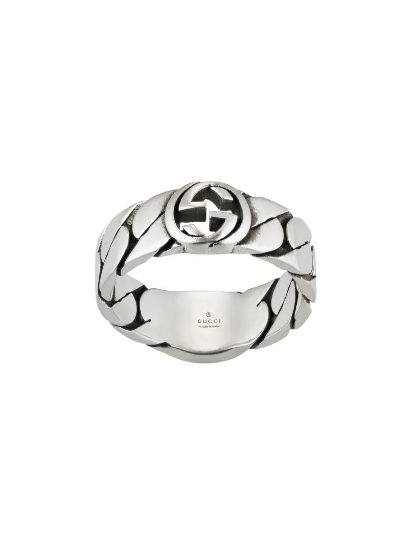Gucci Interlocking Sterling Silver Black Enamel Wide Band Ring D