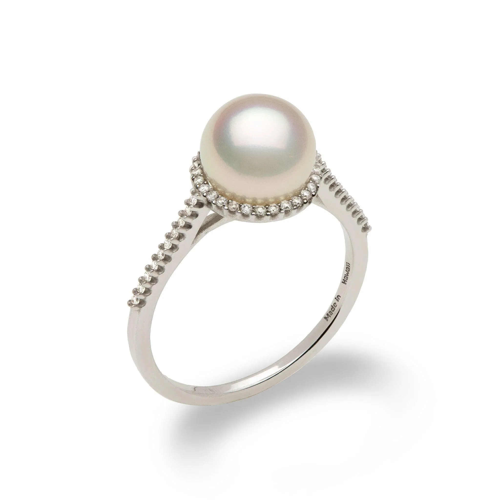 Halo Akoya White Pearl Ring in White Gold with Diamonds - 8mm