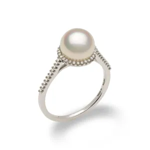 Halo Akoya White Pearl Ring in White Gold with Diamonds - 8mm