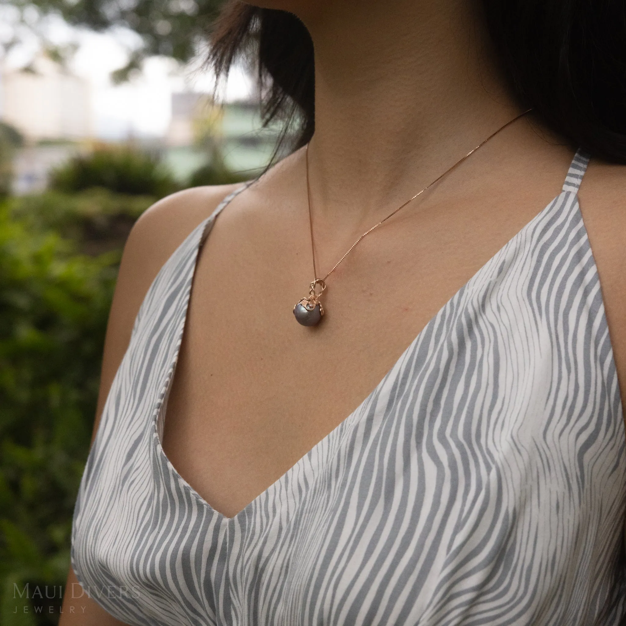 Living Heirloom Ultraviolet Freshwater Pearl Pendant in Rose Gold with Diamonds - 12-13mm