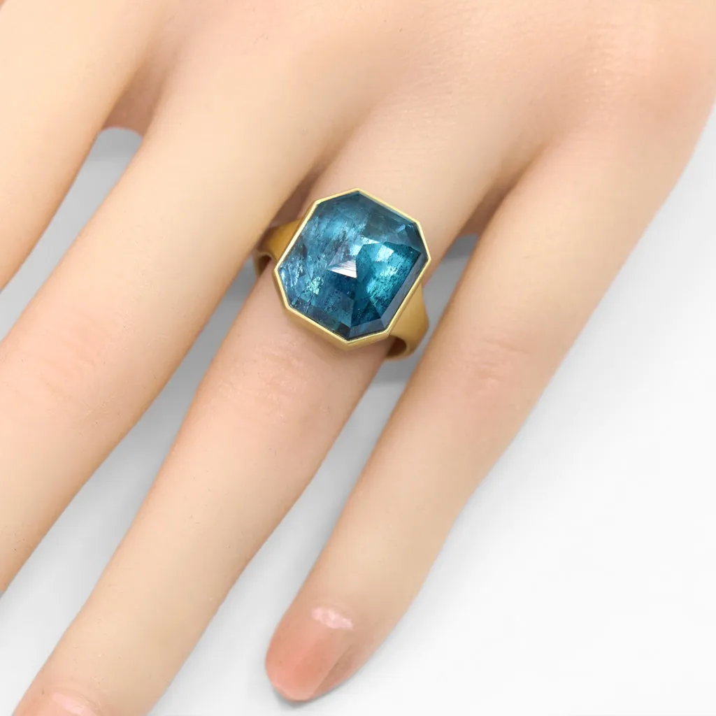 Lola Brooks 13.53 carat Deep Blue Indicolite Tourmaline Octagon Gold Ring
