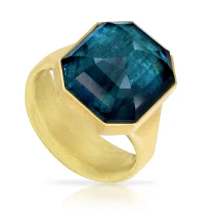 Lola Brooks 13.53 carat Deep Blue Indicolite Tourmaline Octagon Gold Ring