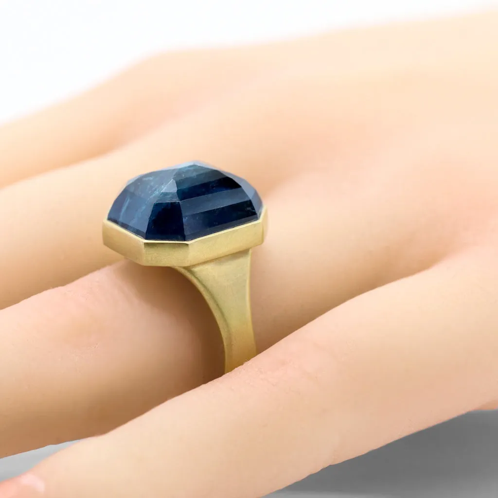 Lola Brooks 13.53 carat Deep Blue Indicolite Tourmaline Octagon Gold Ring