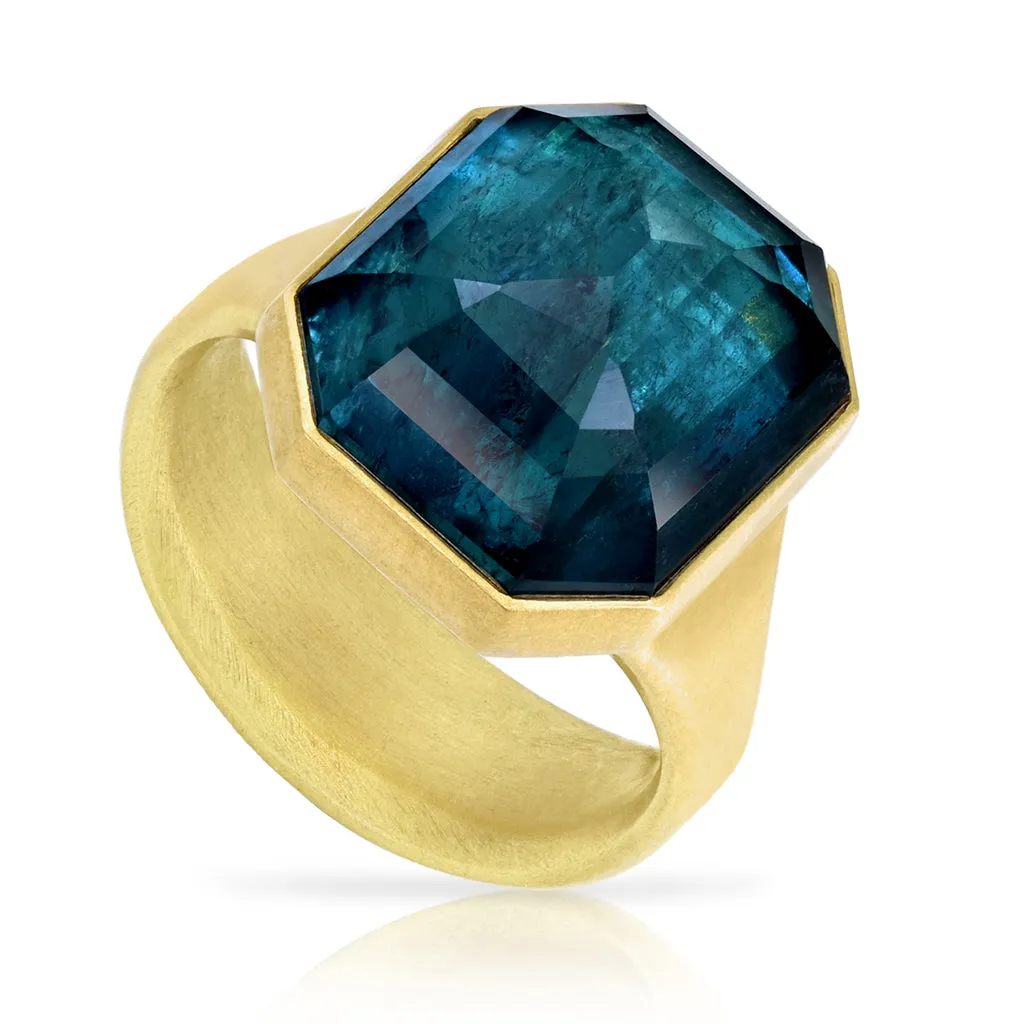 Lola Brooks 13.53 carat Deep Blue Indicolite Tourmaline Octagon Gold Ring