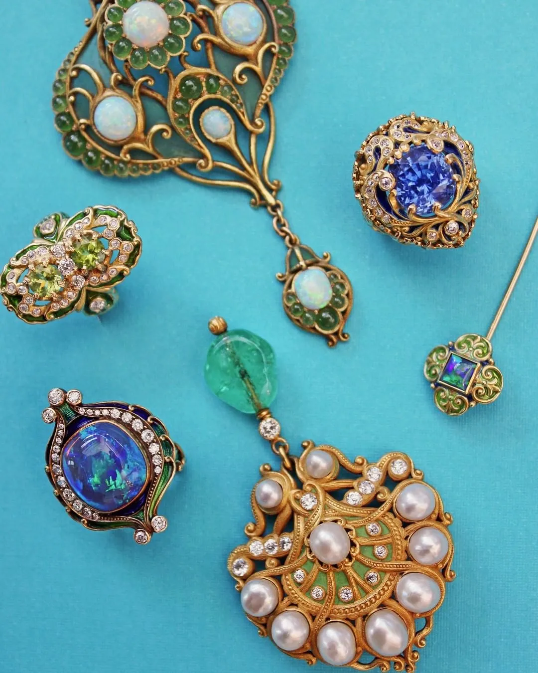 Marcus & Co. Opal, Chrysoprase, and Plique-??-Jour Enamel Brooch