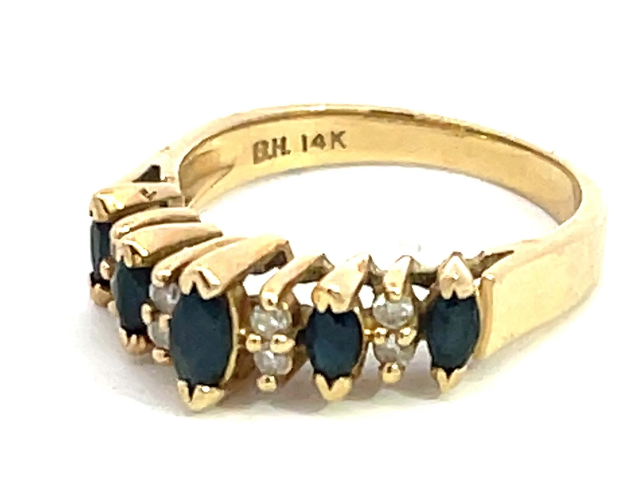 Marquise Blue Sapphire and Diamond Band Ring in 14k Yellow Gold