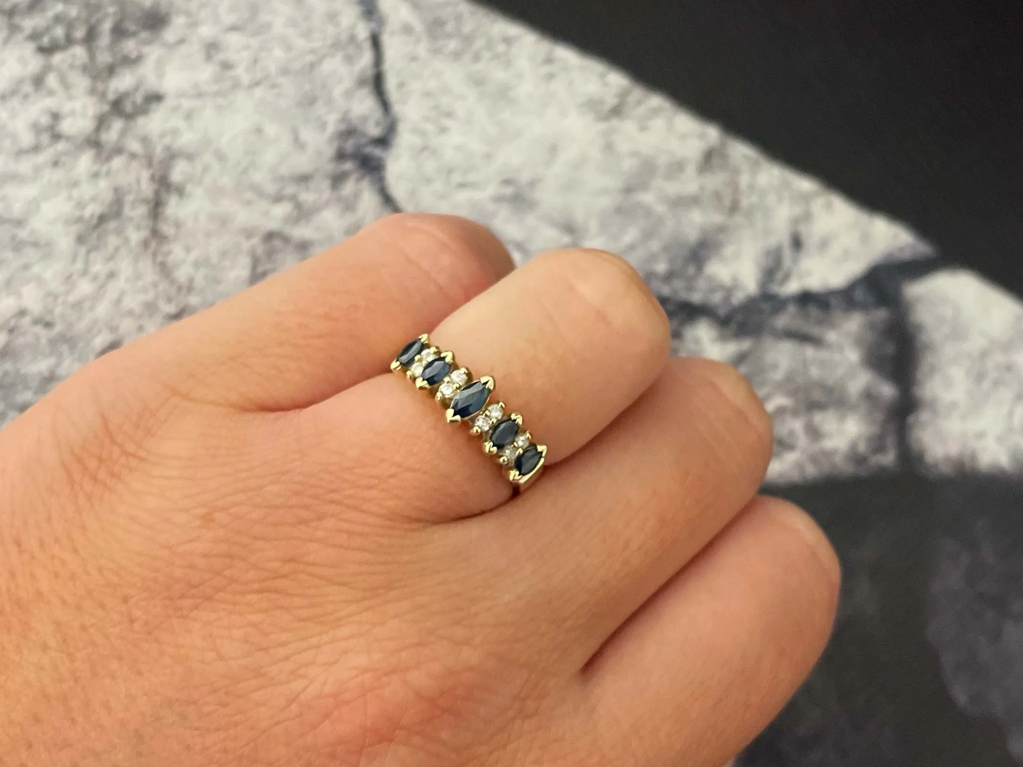 Marquise Blue Sapphire and Diamond Band Ring in 14k Yellow Gold