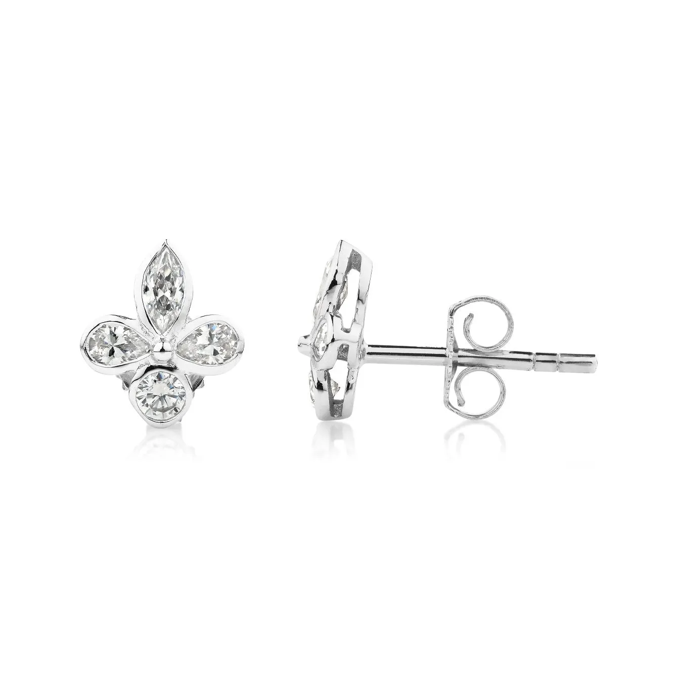 Marquise, Pear and Round Brilliant stud earrings with 0.8 carats* of diamond simulants in 10 carat white gold