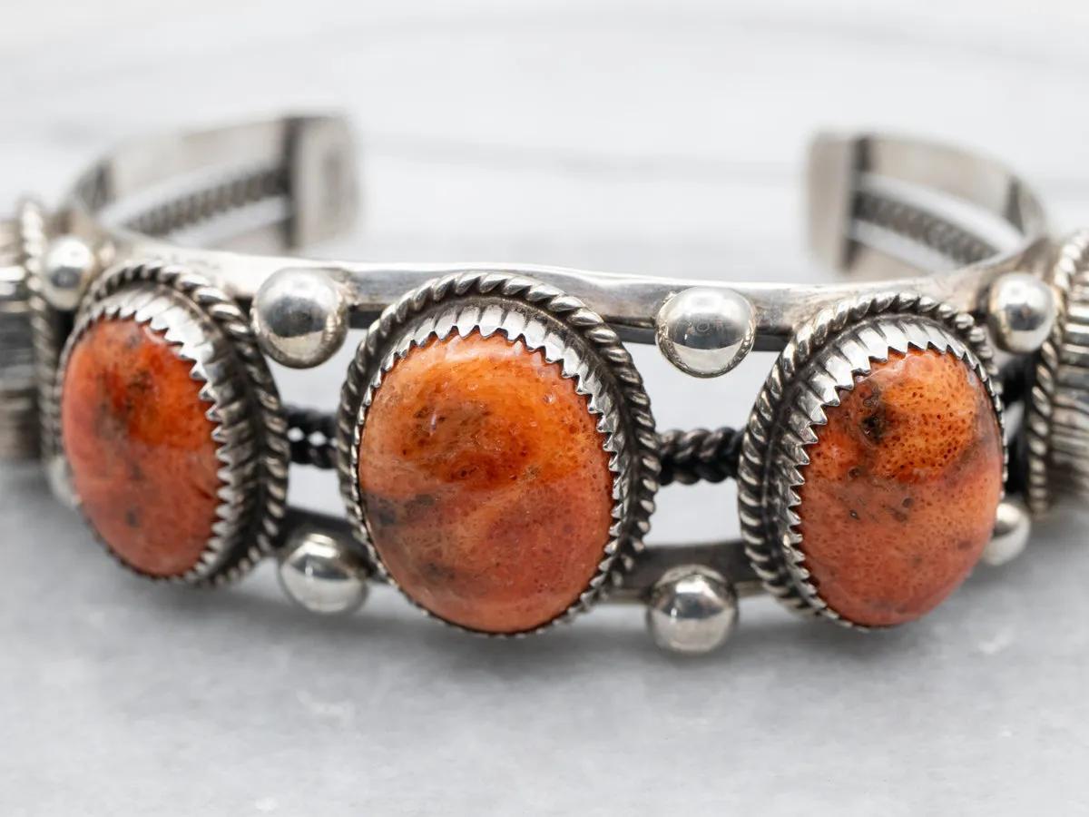 Men's Native American Coral Cabochon Cuff Bracelet