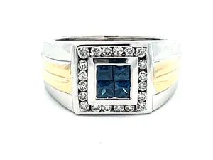 Mens Princess Cut 4 Sapphire Center and Diamond Halo Ring in 14k Gold
