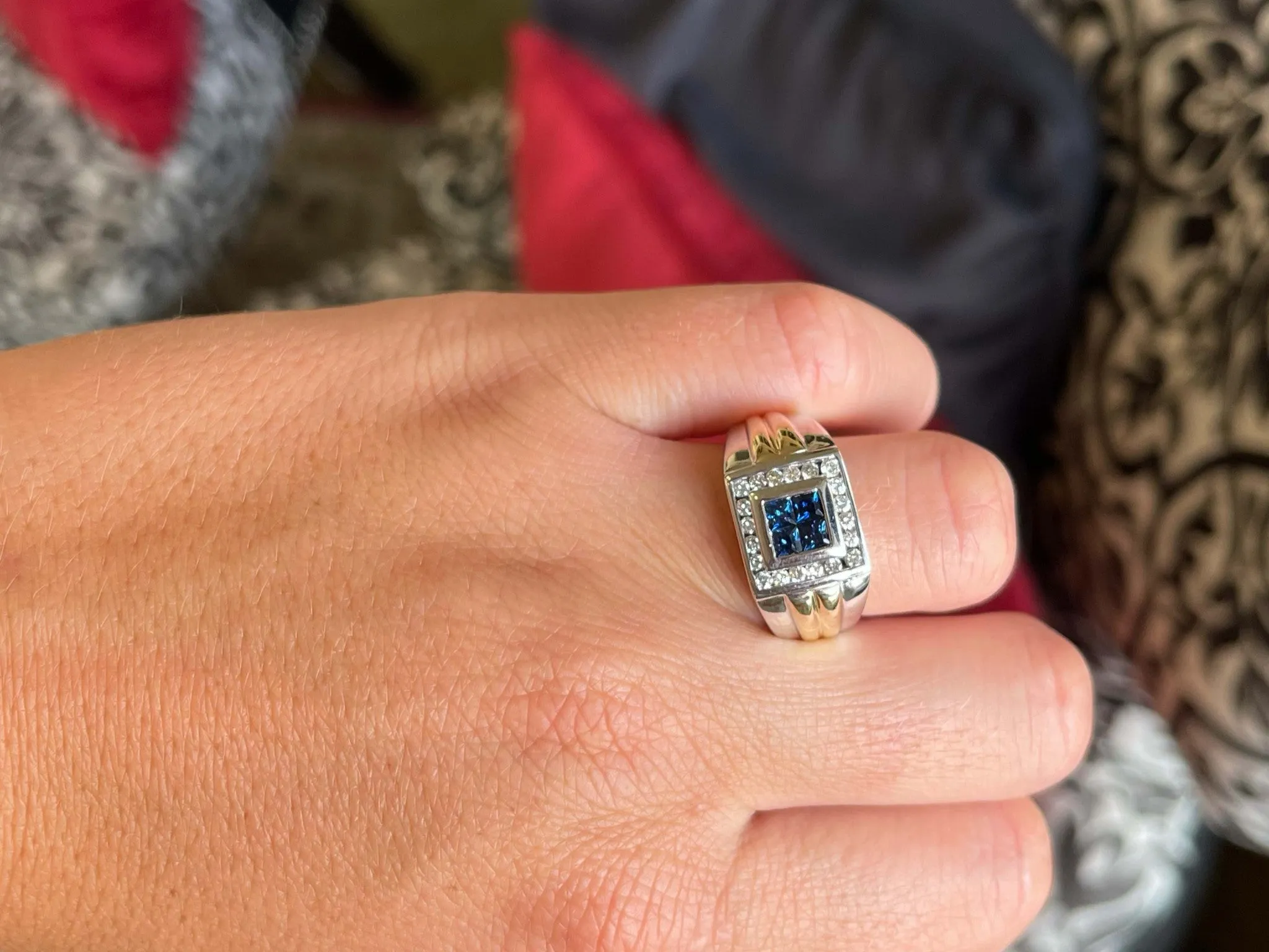 Mens Princess Cut 4 Sapphire Center and Diamond Halo Ring in 14k Gold