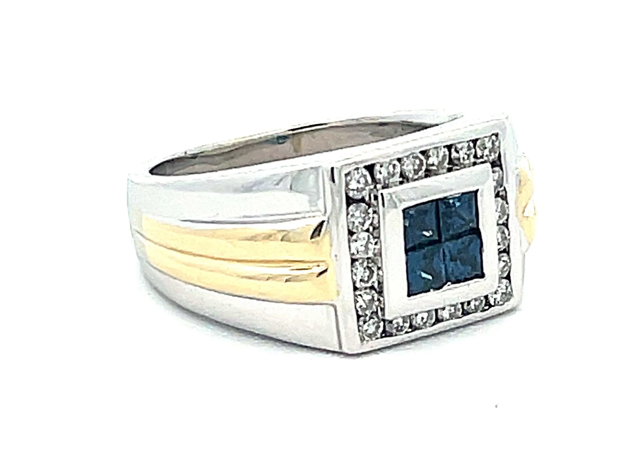 Mens Princess Cut 4 Sapphire Center and Diamond Halo Ring in 14k Gold
