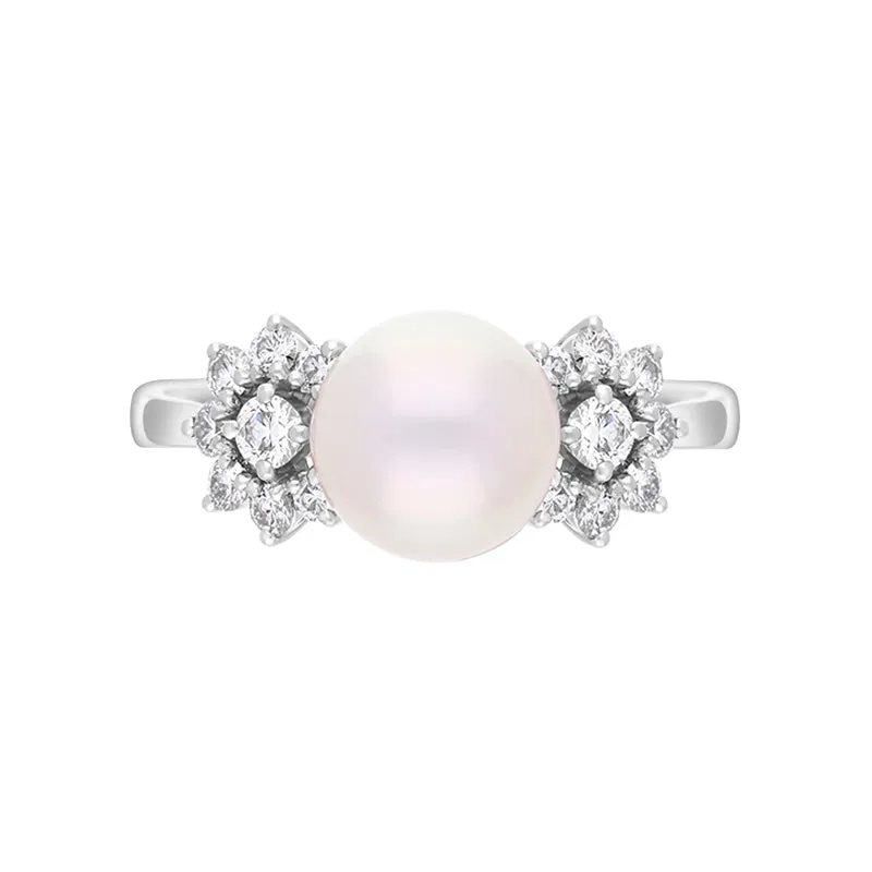 Mikimoto 18ct White Gold Diamond 8.5mm White Akoya Pearl Ring
