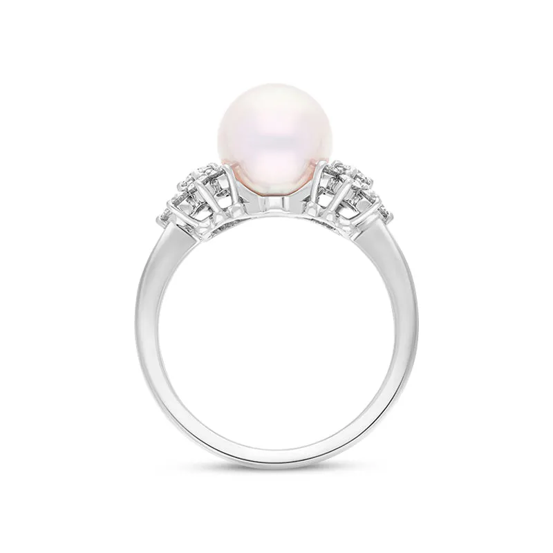 Mikimoto 18ct White Gold Diamond 8.5mm White Akoya Pearl Ring