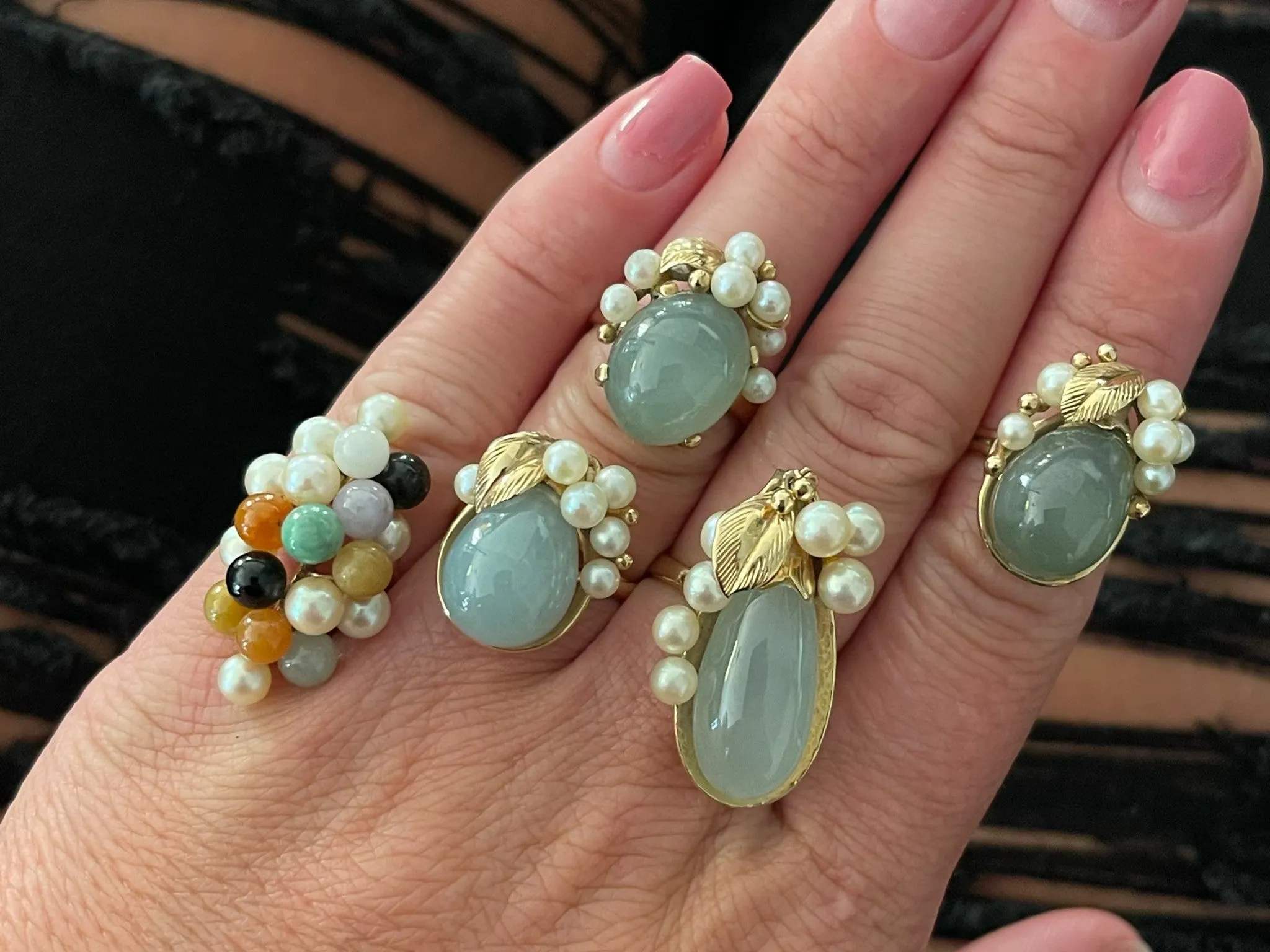 Mings Pear Shaped Jade and Pearl Ring in 14k Yellow Gold