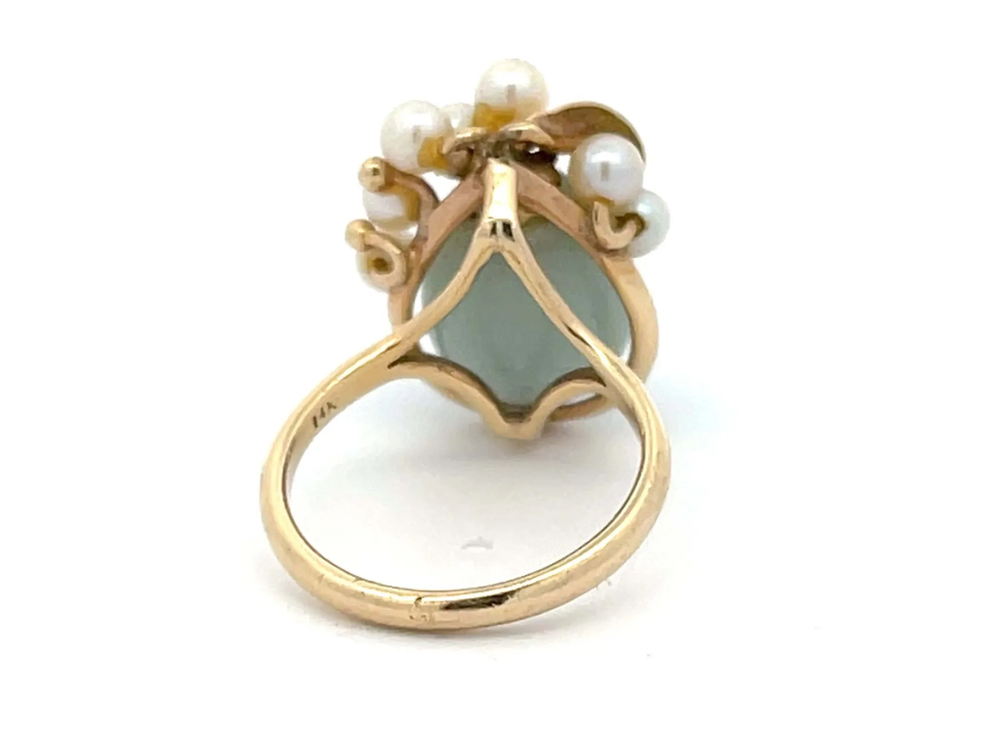 Mings Pear Shaped Jade and Pearl Ring in 14k Yellow Gold