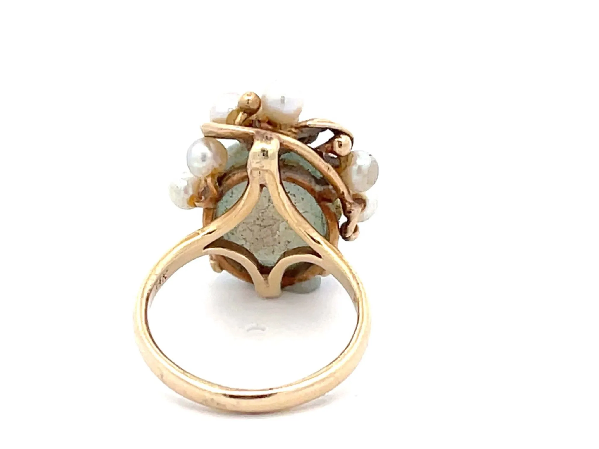 Mings Round Green Jade and Pearl Leaf Ring in 14k Yellow Gold
