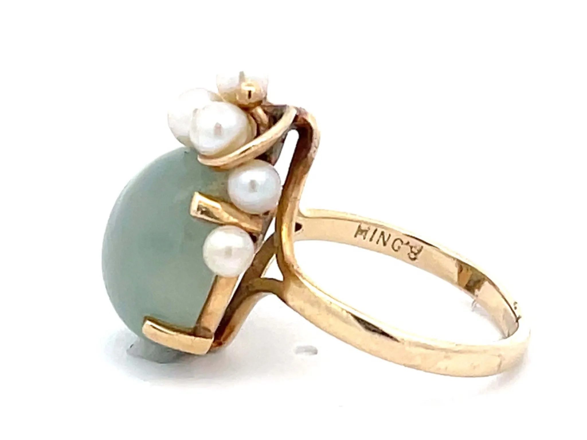 Mings Round Green Jade and Pearl Leaf Ring in 14k Yellow Gold
