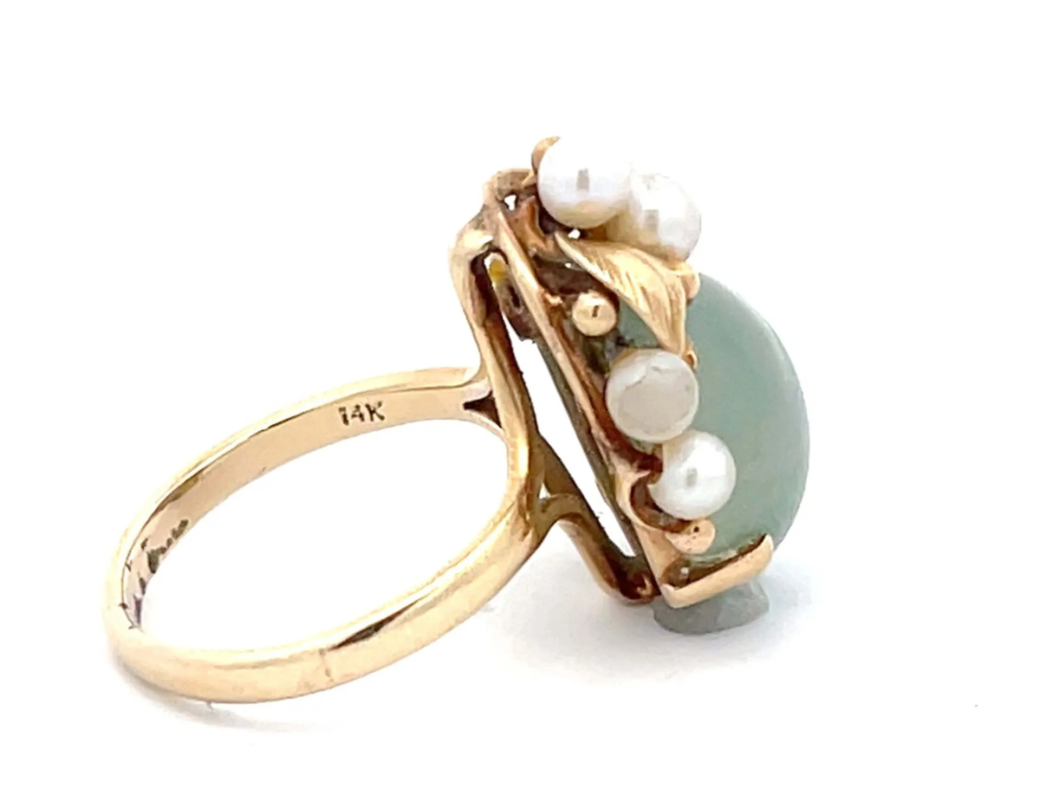 Mings Round Green Jade and Pearl Leaf Ring in 14k Yellow Gold