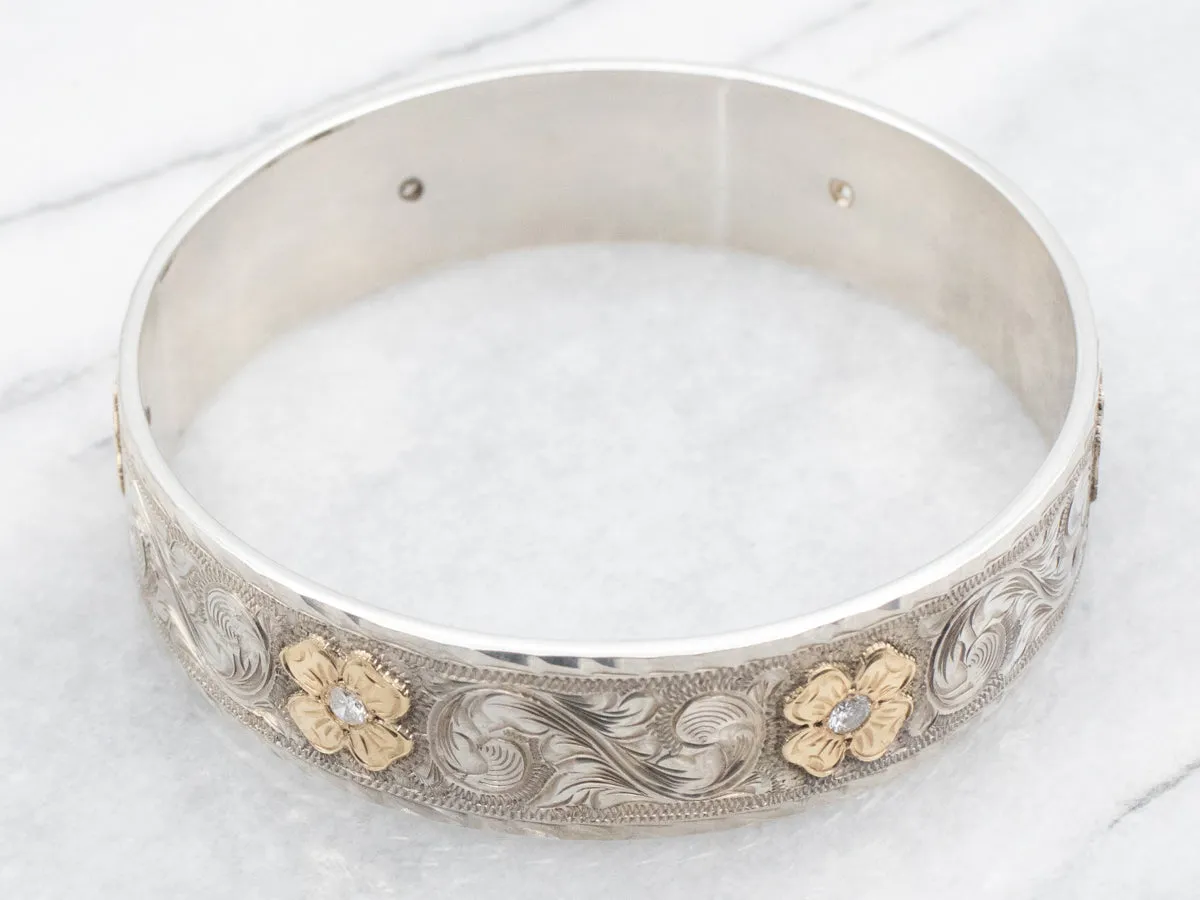 Mixed Metal Floral Diamond Bangle Bracelet