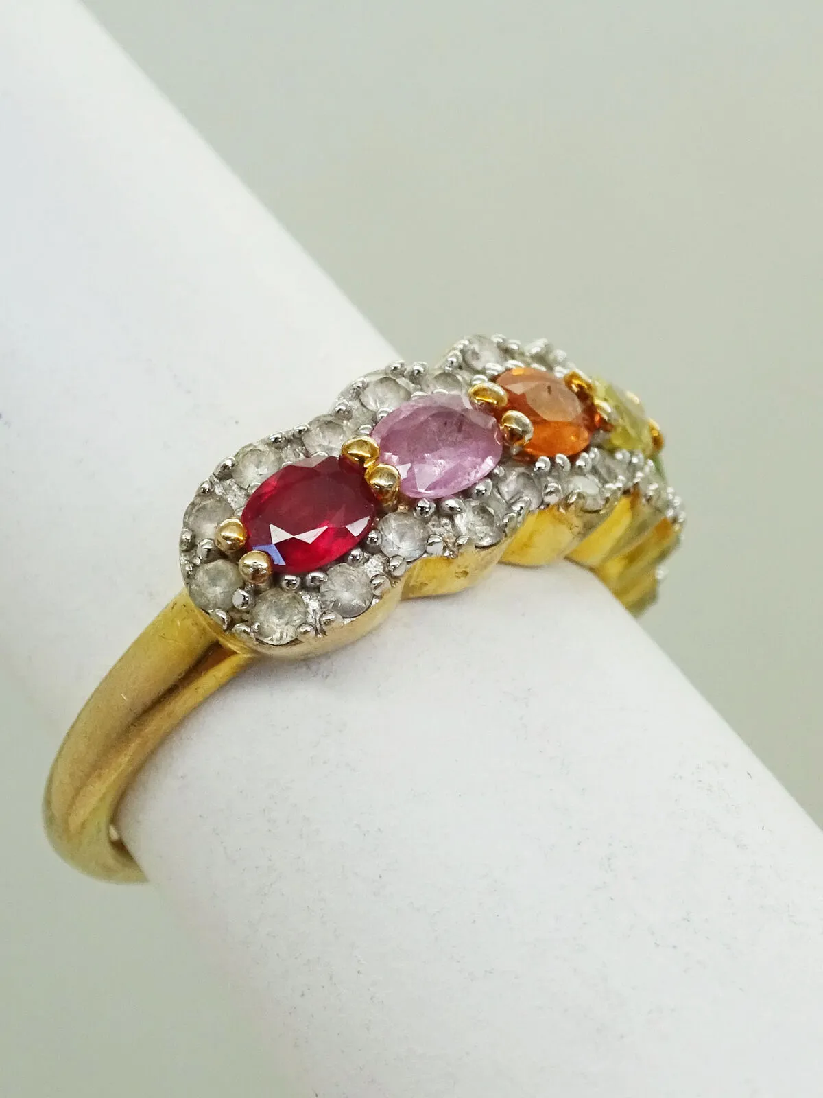 Multi-Color 6-Stone & Halo CZ Ring Size 5.5 Vermeil Sterling Silver